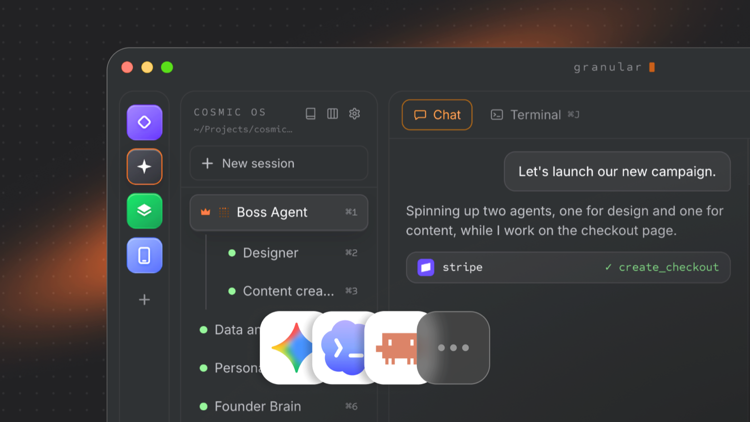 The Granular app: a boss agent spinning up worker agents, in one place