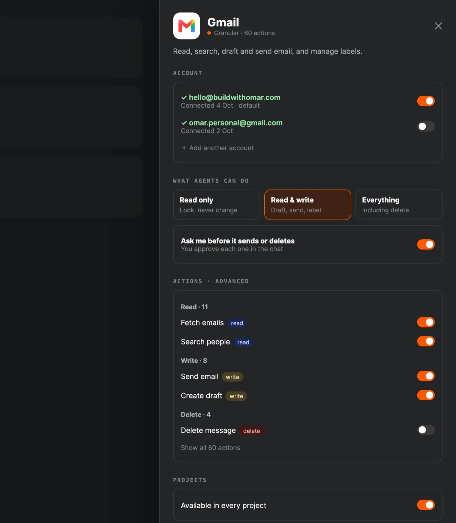 The app detail scratch file for Gmail: connected accounts, three permission levels (Read only, Read and write, Everything), an ask-me-first switch, and per-action toggles grouped into read, write and delete