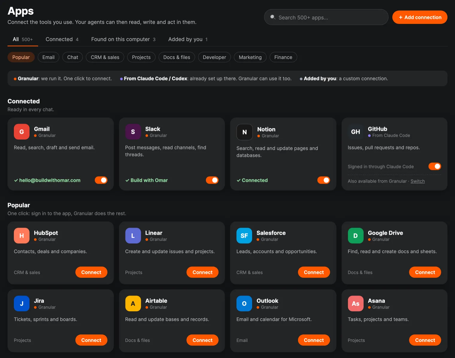 The apps library scratch file: a search bar, tabs, category chips, a legend for the three kinds of connection, and cards for connected and popular apps
