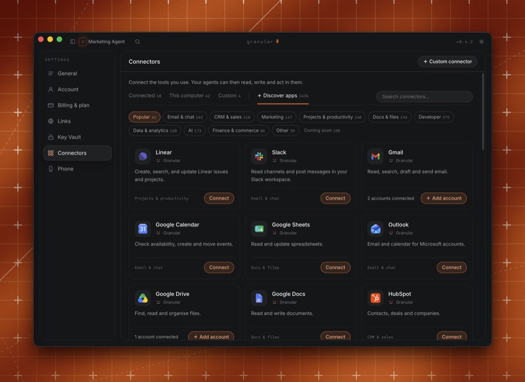 The shipped Connectors screen in Granular settings: tabs for Connected, This computer, Custom and Discover apps, category chips, and cards for Linear, Slack, Gmail, Google Calendar, Google Sheets, Outlook, Google Drive, Google Docs and HubSpot, each with a Connect or Add account button