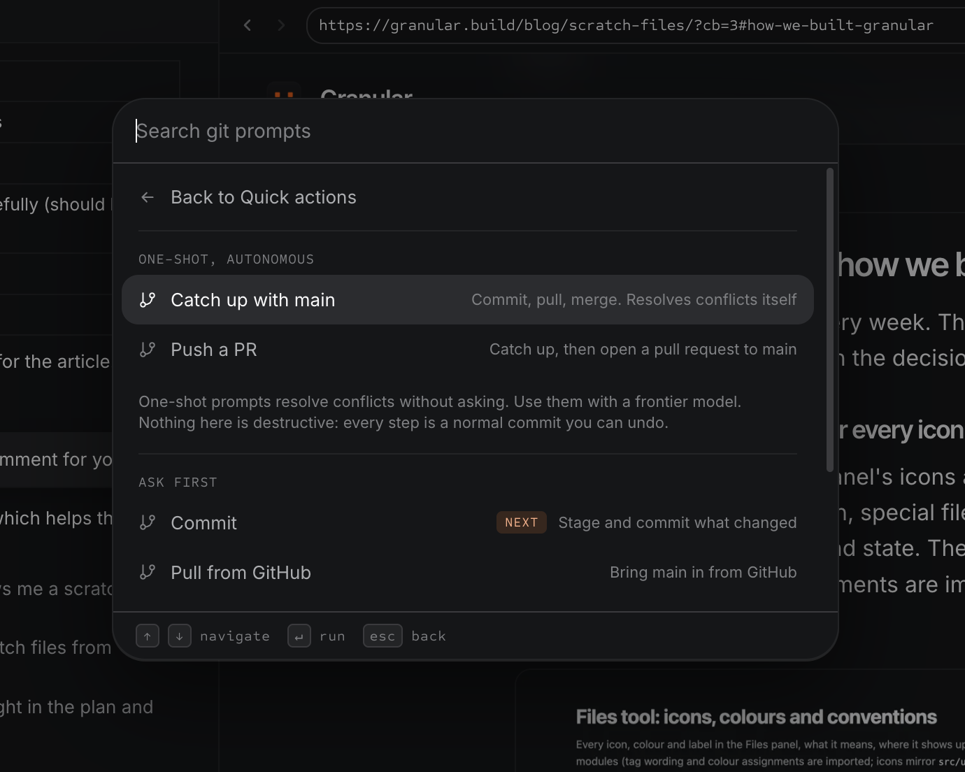 The shipped Git prompts in the Granular command palette: a One-shot, autonomous section with Catch up with main and Push a PR, a note that one-shot prompts resolve conflicts without asking, then an Ask first section with Commit marked Next and Pull from GitHub