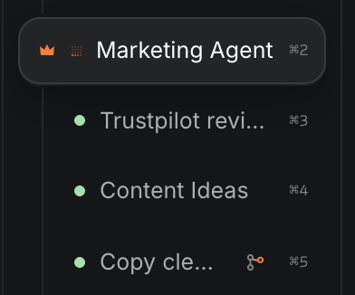 The shipped Granular sidebar: a Marketing Agent session with a crown and a tiny orange working dot, above three worker sessions with green resting dots
