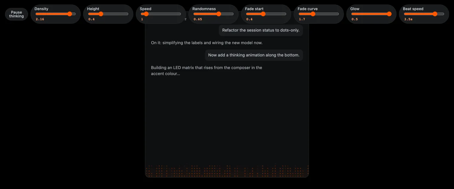 The thinking matrix scratch file: eight sliders across the top reading Density 2.16, Height 0.4, Speed 1, Randomness 0.65, Fade start 0.4, Fade curve 1.7, Glow 0.5 and Beat speed 3.5s, above a mock chat pane with orange dots rising from its bottom edge