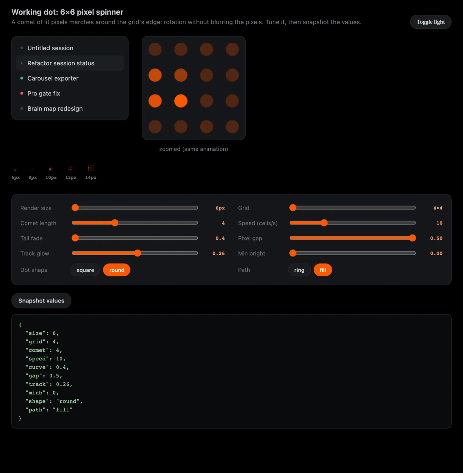 The working dot scratch file: a mock sidebar, a zoomed four by four grid of round orange pixels, a strip of sizes, a panel of sliders and toggles, and a snapshot of the values printed underneath