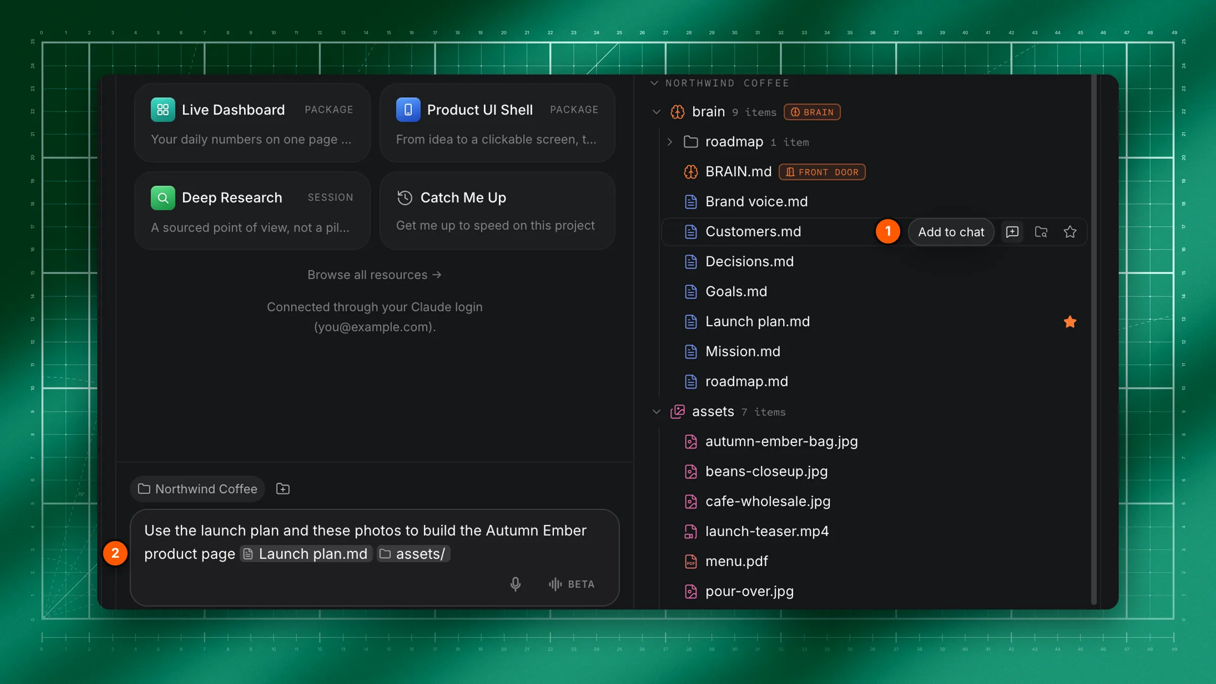 A hovered Files row with its Add to chat button highlighted, and the message box below with some typed text followed by two chips.