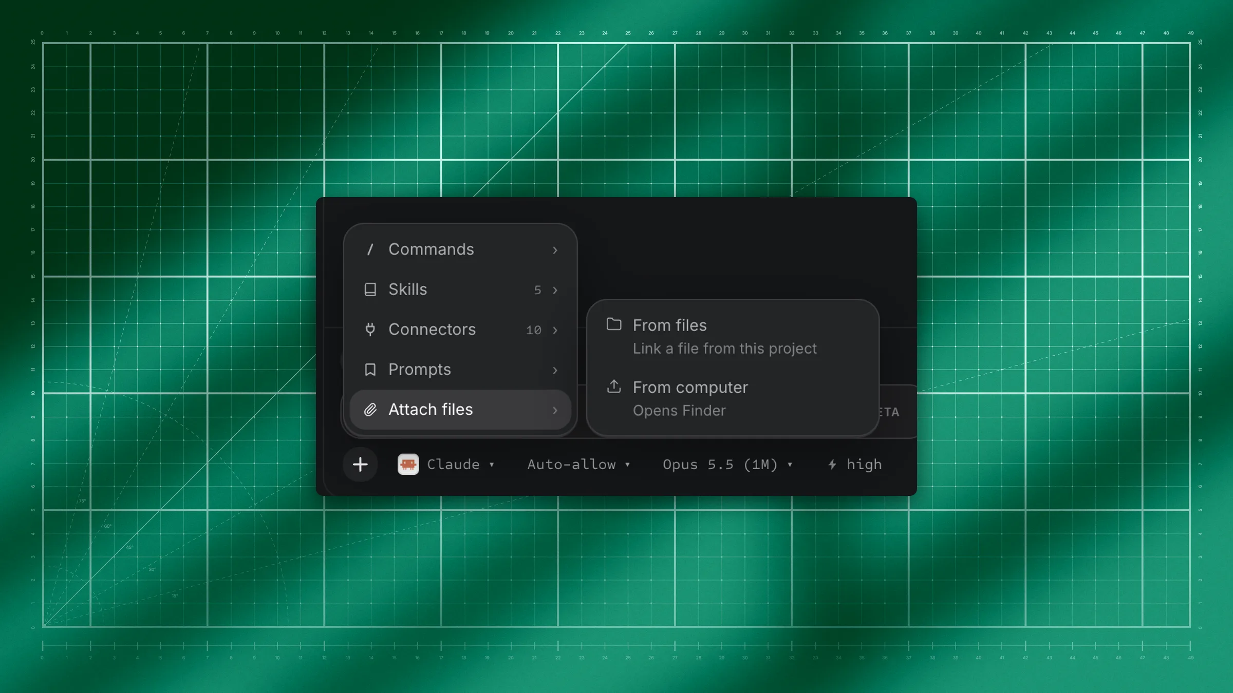 The message box's + menu open, with Attach files expanded to From files and From computer.