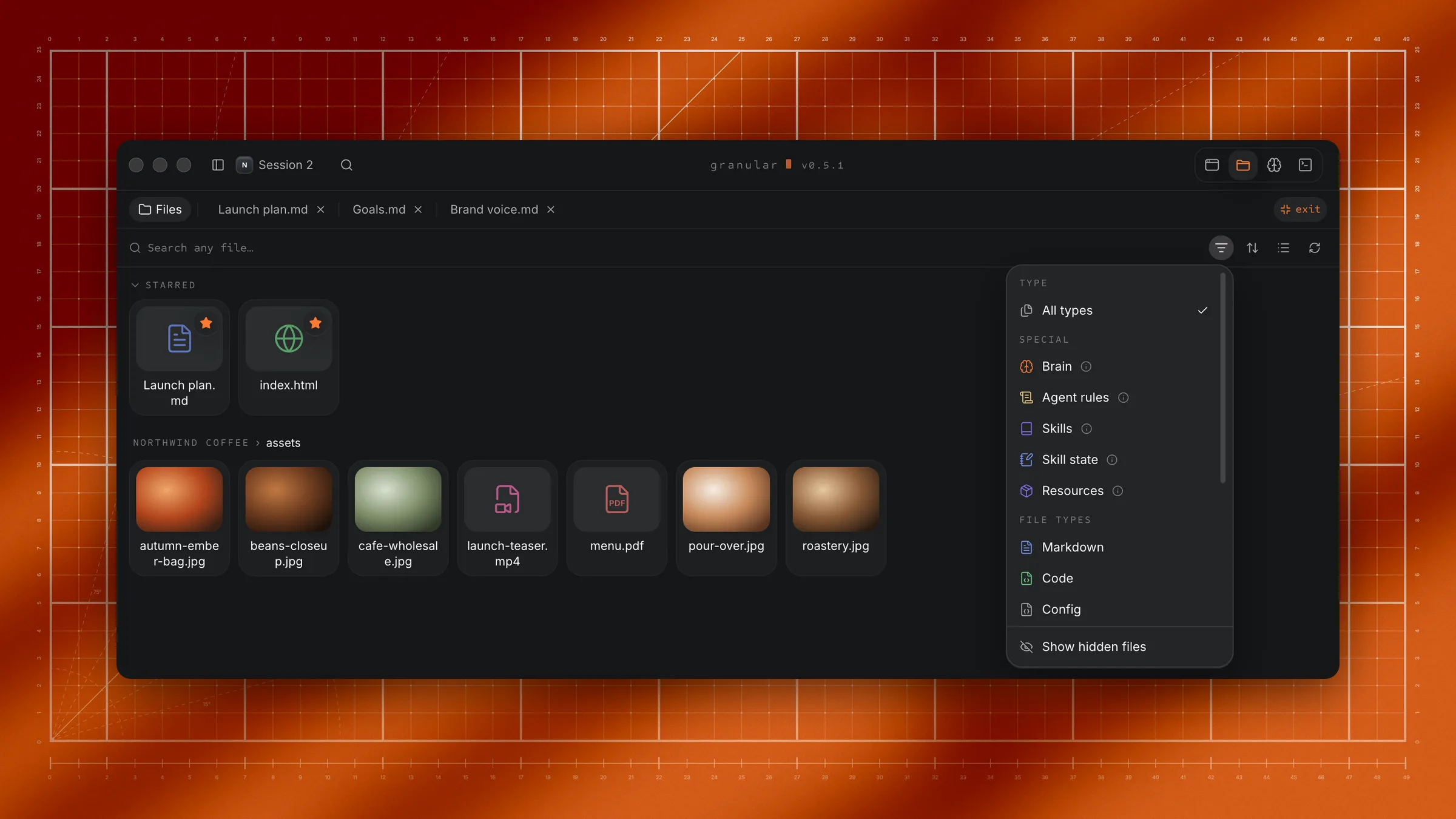 The Files grid view with folder tiles, image thumbnails, a PDF tile, and the path at the top.