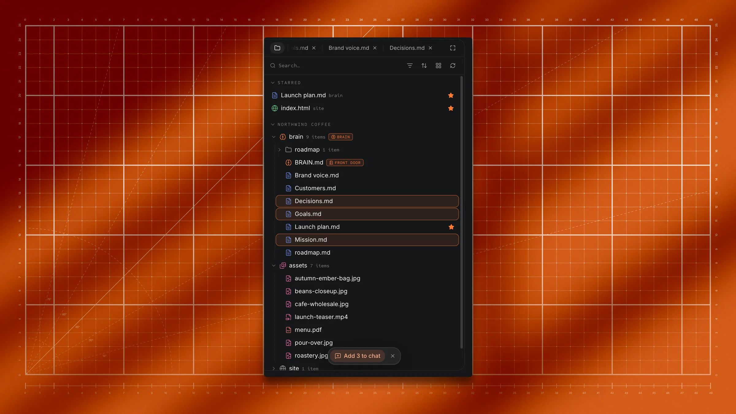 Three rows selected in the Files list and the floating Add 3 to chat bar with its × at the bottom of the pane.