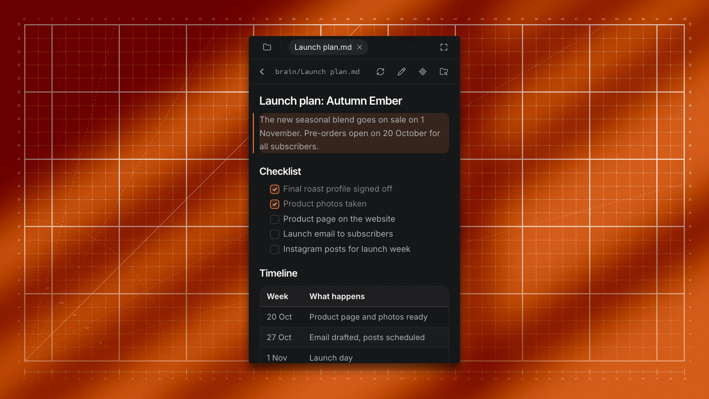 A note open in a Files tab: the tab row, the reader's buttons, the rendered note with a checklist.