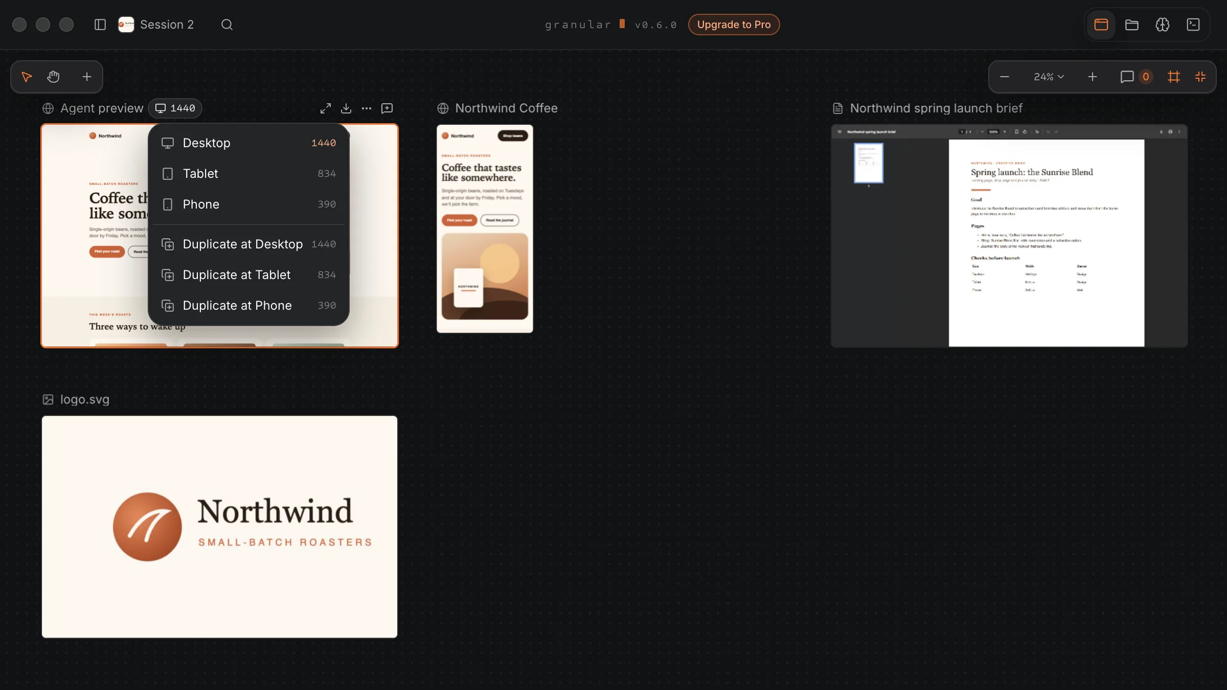 A landing page frame with its size menu open, with a Phone-size copy of the same page beside it.