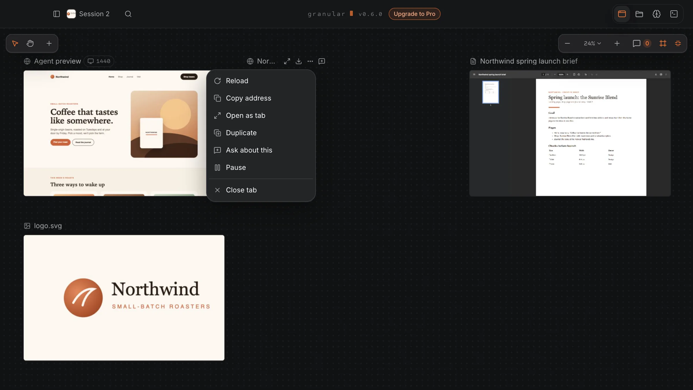 A selected frame with its button row (Open as tab, Save a picture, More, Ask about this) and the ⋯ menu open listing Reload, Copy address.