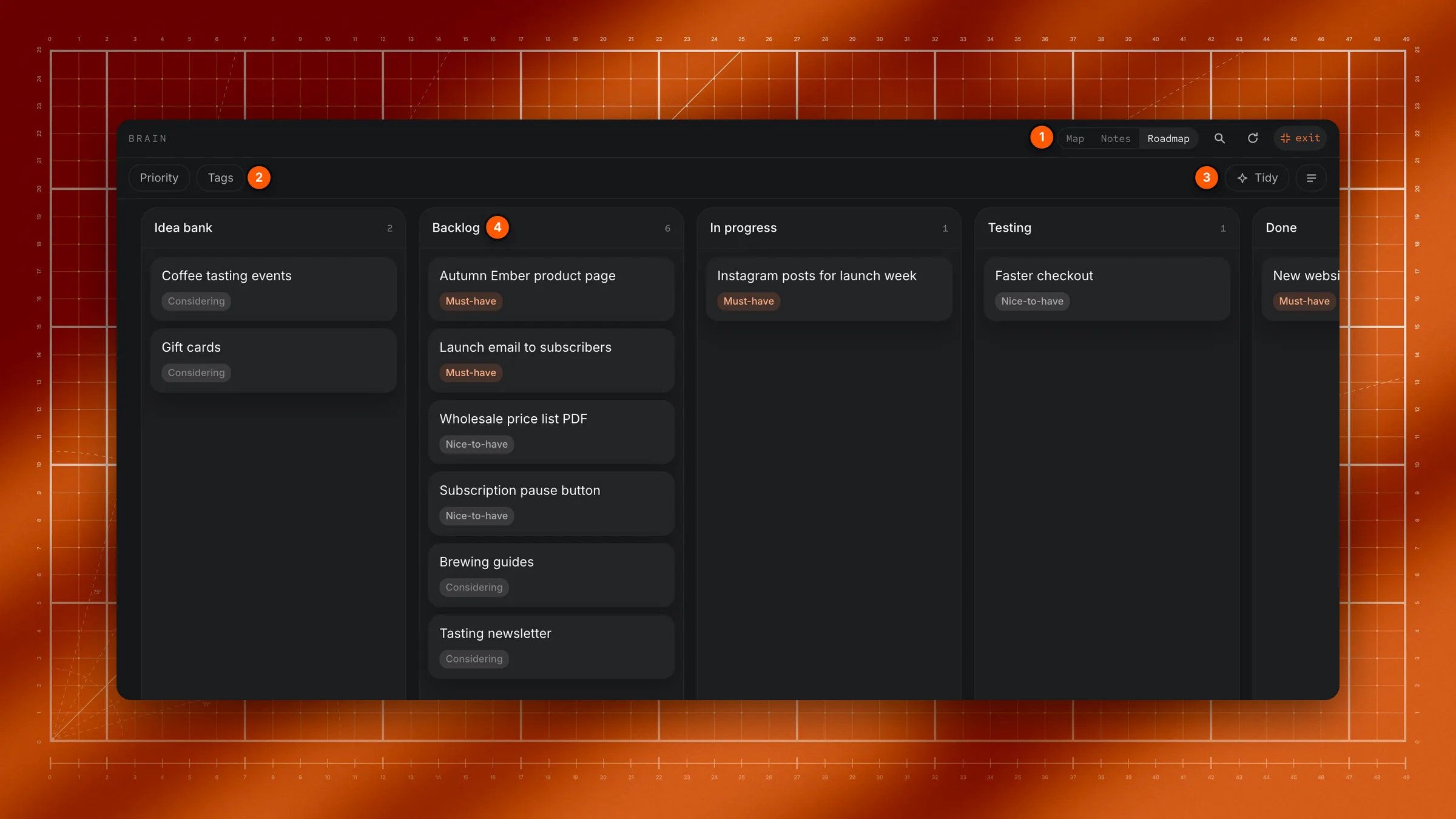 Brain on the Roadmap view, full screen, showing the Map / Notes / Roadmap switch with Roadmap selected, the Priority and Tags filters.
