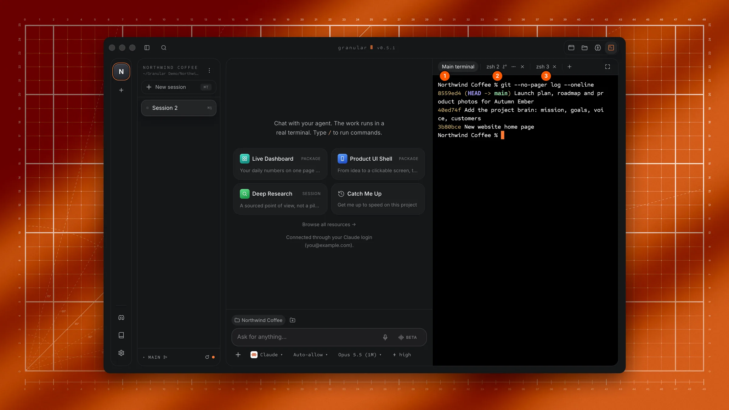 The Terminal tool open next to the chat, with three tabs, showing Main terminal showing a command and its output, zsh 2, a tab with its own copy, zsh 3.