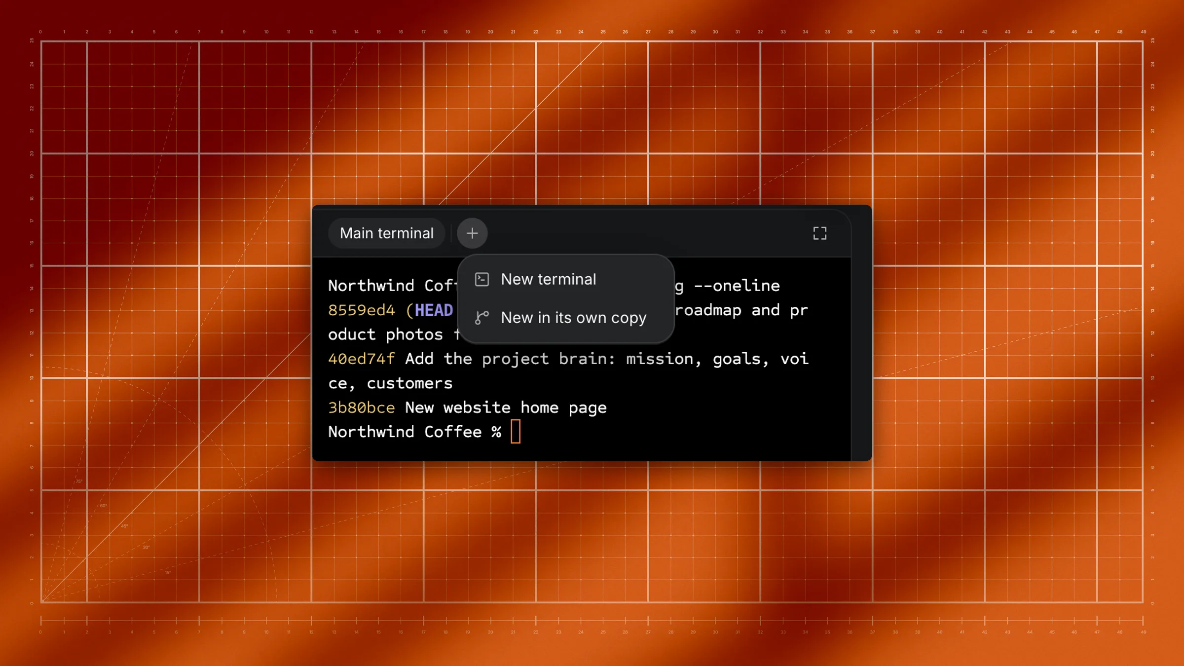 The + menu open at the end of the Terminal tool's tab row, with New terminal and New in its own copy.