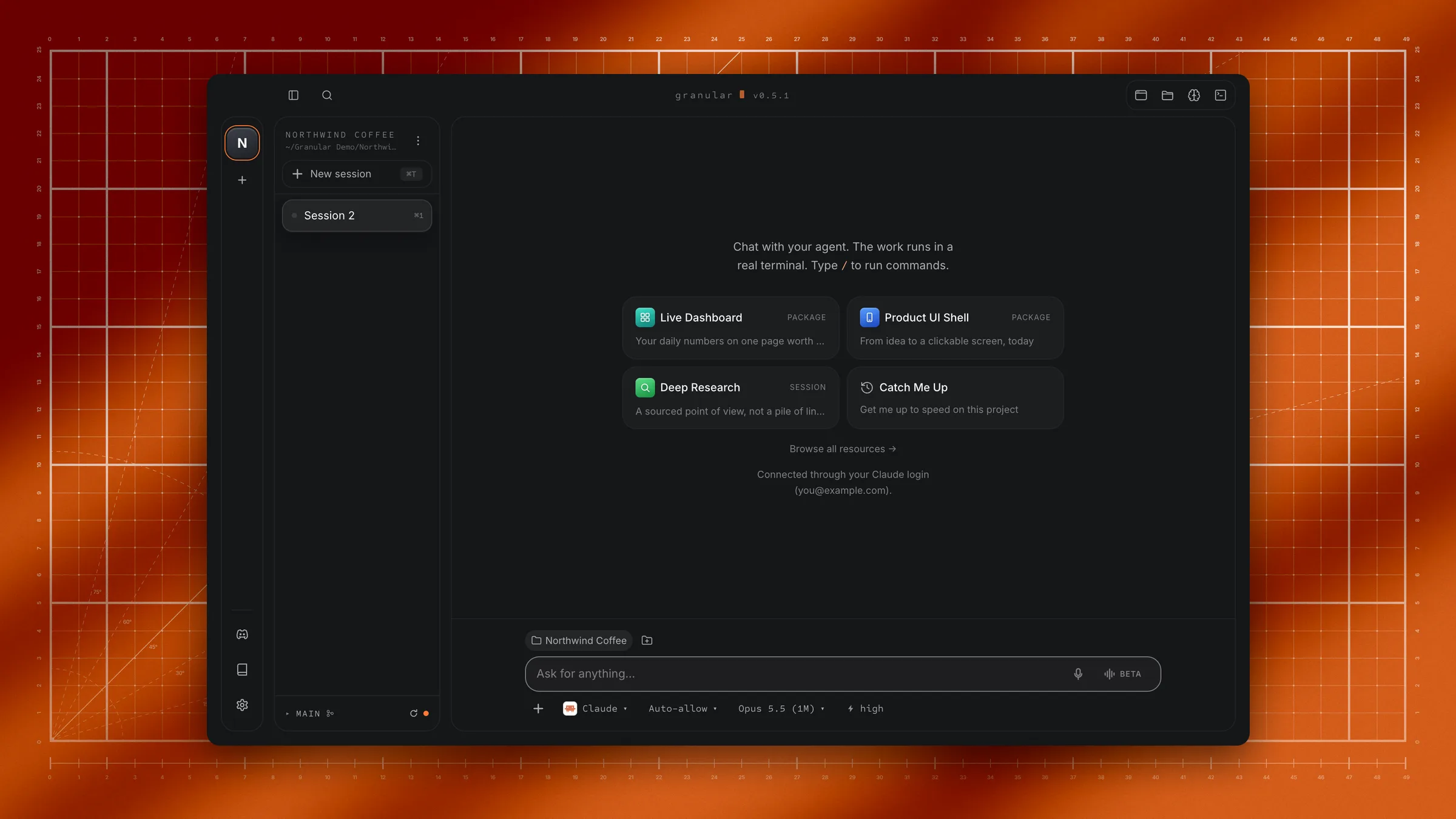 A new empty session with the chat's starter cards, the chat box reading Ask for anything…, its toolbar with the account and model.
