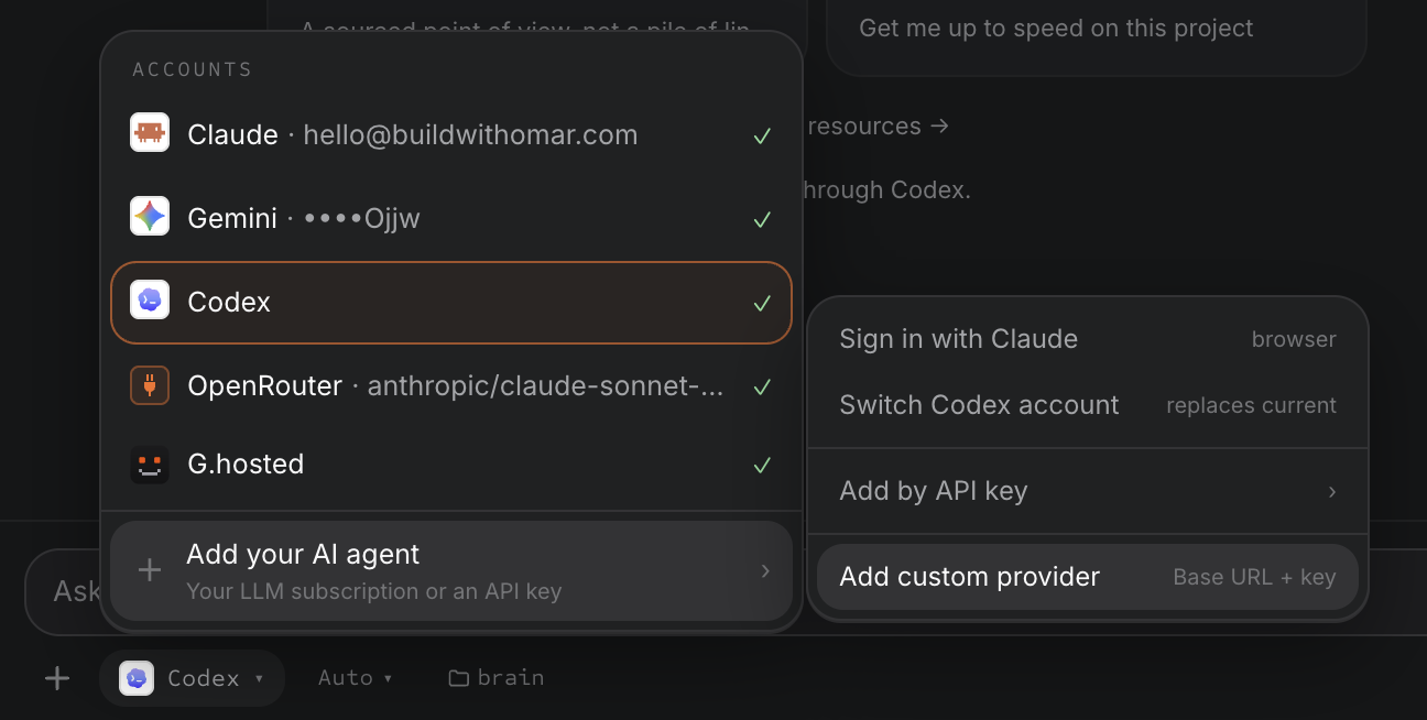Granular's accounts menu listing Claude, Gemini, Codex, OpenRouter and a hosted account, with Add your AI agent open on Add custom provider asking for a base URL and API key
