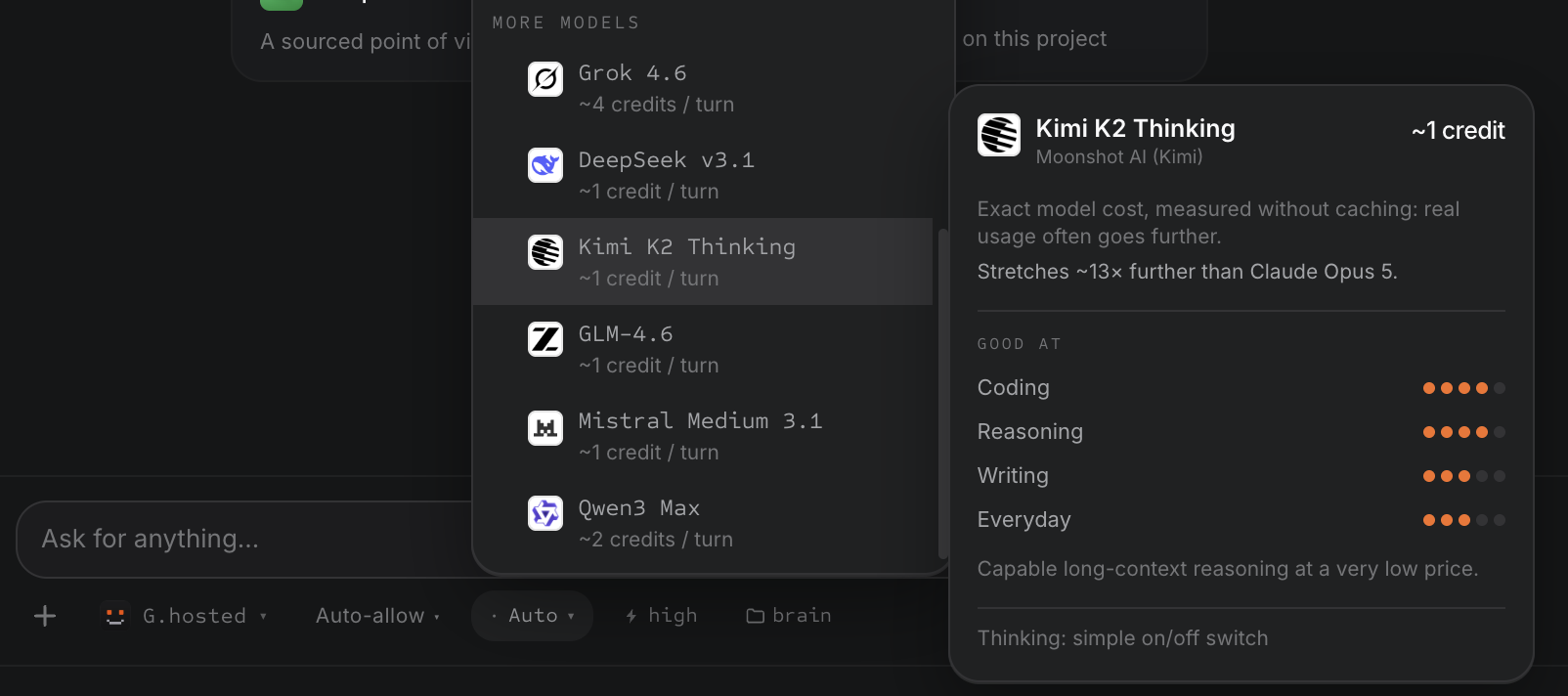 Granular's model picker, with a hover panel showing what Kimi K2 Thinking is good at and what a typical turn costs in credits